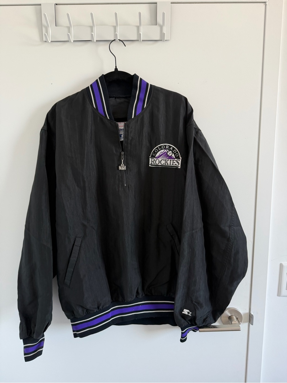 STARTER Black and Purple Colorado Rockies Bomber Pullover